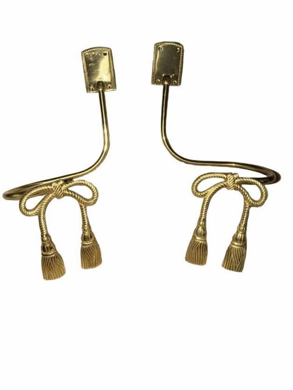 Vintage Brass Curtain Tiebacks Bow and Tassel Wall Hooks Pair